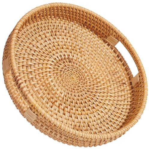 CREATCABIN Bandeja Redonda de Ratán con Asas Bandeja para Servir Tejida de Ratán Base de Madera Cesta Tejida A Mano Cesta de Mimbre Decorativa Bandeja Organizadora para Decoración de Mesa Almacenamien