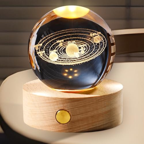 Sfera di cristallo 3D, luce notturna con base in legno, USB 3D, sistema solare, 60 mm, sfera di vetro LED, sistema solare, regalo per donne, bambini, amici, famiglia (sistema solare)