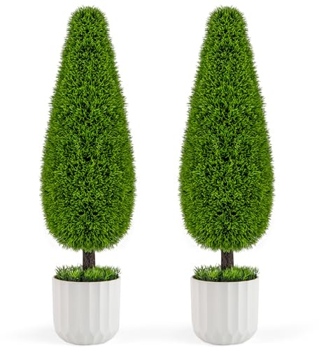 COSTWAY Set di Cespo Cedro Artificiale a Forma di Goccia 90 cm, 2 Piante Artificiali da Interno ed Esterno con Vaso in Plastica, Decorazione da Casa e Ufficio