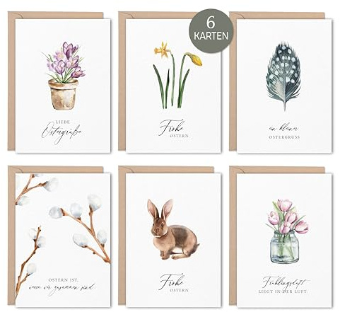 NORDEULE Osterkarten im 6er Set | 6 DIN A6 Grußkarten mit Aquarellmotiv inkl. Briefumschlag | ideal für Ostergeschenke Grüße Briefpost Osternest Kundenpräsente Mitbringsel