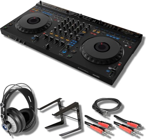 DDJ-GRV6 4-K-DJ-Controller mit StreamEye Cans50 professionellen Studiokopfhörern, On-Stage Stands LPT5000 Laptop-Ständer und essentiellen Kabeln zum Anschluss an DJ-Controller