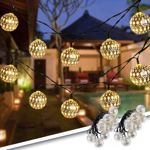 RexTech Solar Lichterketten Marrakech 2er-Set, 20 Kugeln, 3000K | Orientalisches Muster, acht Leuchtprogramme, Dämmerungssensor, 5 m Kabel, für Balkon und Terrasse