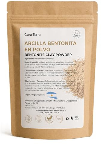 Poudre d'argile Bentonite 100 % Naturelle Argentine (100 g) pour masques faciaux, détox pour la peau, enveloppements corporels, crèmes, peels doux, gommages et savon