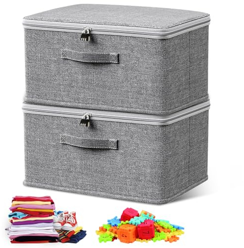 Zamety Abschließbare Box, 2 Kiste mit Zahlenschloss Stoff Kiste mit Schloss | Faltbare Grau Aufbewahrungsbox mit Zahlenschloss für Bettwäsche, Kleidung, Spielsachen, Medikamenten (30x20x14cm)