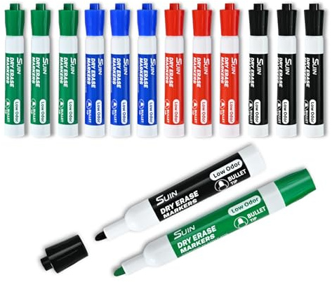 SUIN 4-farbige Whiteboard-Stifte, trocken abwischbare Marker mit 2,7 mm Rundspitze, geruchsarme Tinte für Meetings und Klassenzimmer, 12 Stück