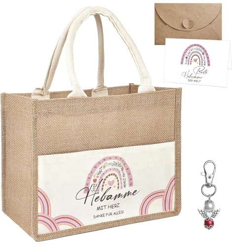VINEST 4er Set Hebamme mit Herz Dankeschön Geschenk Hebamme Geschenk | Jute Handtasche Geschenk Hebammen Geschenk Metall Schlüsselanhänger,Dankeskarte Umschlag,Abschied Ruhestand,Weihnachten