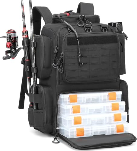 BlesMaller 50L Angelrucksack mit 4 Boxen & Rutenhaltern Angeltasche wasserabweisend Angel Rucksack für Angelausrüstung