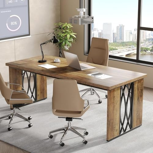 Tribesigns Schreibtisch Computertisch, 200 x 70 x 76 cm Doppelter Langer Schreibtisch, PC Tisch Bürotisch Arbeitstisch Industrie-Design Konferenztisch für Home Office, Braun