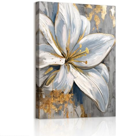 WENGTIAO Weiß Grau Gold Lilien Blumen Leinwand Bilder Kunstdrucke Gerahmt | Aesthetic Minimalistisch Geblümt Malerei Wandbilder auf Leinwand Wohnzimmer Schlafzimmer Wanddeko 40x60cm
