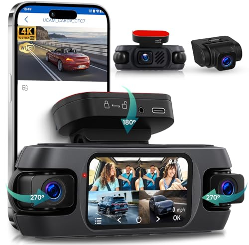 Hodozzy 4K Cámara de Salpicadero Delantera y Trasera de 360° con 4 Cámaras con 5GHz WiFi, Visión Nocturna IR, Ayuda Inversa, Grabación en Bucle, Sensor G，Control de la App,Posicionamiento GPS DASHCAM