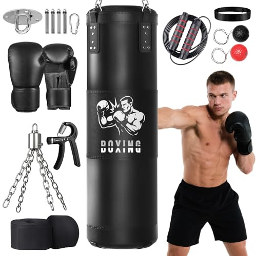 Punching Bag for Adults, 4FT Hanging Heavy Boxing Bag Set with Boxing Gloves for MMA Karate Kickboxing Muay Thai Training at Home Gym - Unfilled