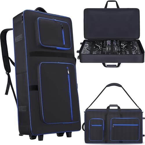 Aleemin DJ Controller Case with Wheels Compatible with XDJ-AZ, Rolling DJ Travel Gig Bag with 10MM Soft Padded & Multi-pocket for DJ Controller & Accessories (with Wheels)