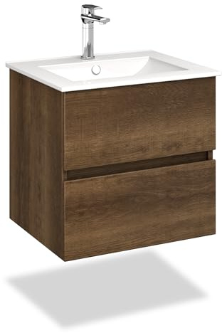 VILSTEIN Waschbecken mit Unterschrank – Set 60 cm Dunkelbraun – Waschbeckenunterschrank [Soft-Close SCHUBLADEN] & Keramik-Waschbecken – Modernes Badezimmermöbel aus feuchtigkeitsbeständigem Material