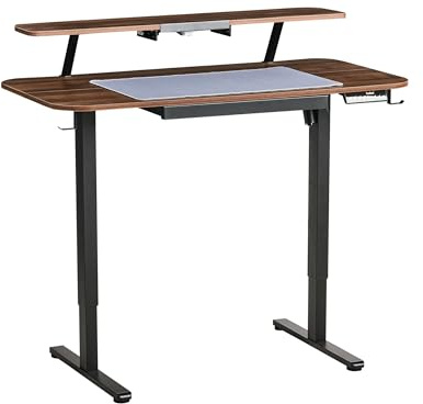 Elektriskt Ställbart Skrivbord med Musmatta Höj- och Sänkbar Funktion Modernt Skandinaviskt 120 x 60 cm USB-port Brun Skiva och Svarta Ben Lucama