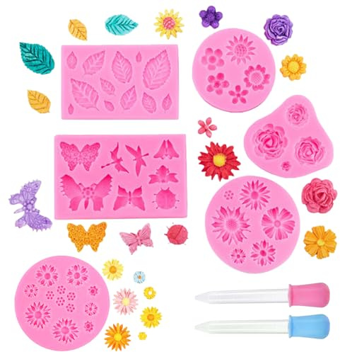 CARISED 6 Stück Silikonform Blumen 3D Mini Rosen Kleine Gänseblümchen Blätter Fondant Formen Silikon Mit 2 Tropfern für Jelly Sugar Candy Schokolade Kuchen Dekoration Kerzen Seife
