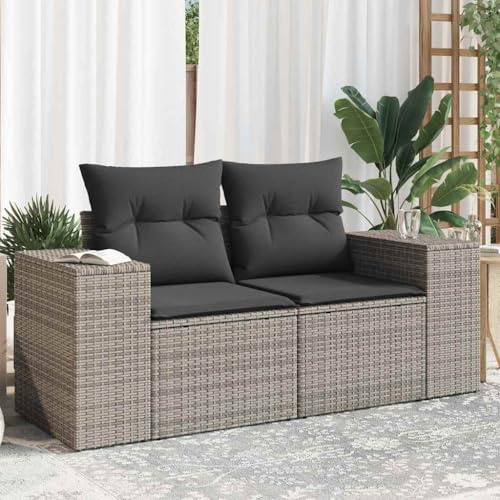 IBUQDDV Gartensofa 2-Sitzer mit Kissen Grau Poly Rattan, Wetterbeständiges PE Rattan Sofa mit Abnehmbaren Bezügen und Modularem Design für Terrasse