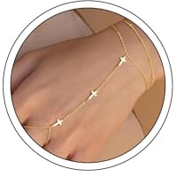 Nymora Chaîne de main pour femme plaquée or 14K (combinaison bague-bracelet), Cadeau de la Saint-Valentin : Délicate combinaison bague-bracelet avec zircone cubique, trèfle, papillon, croix, cœur