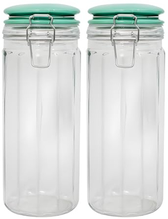 YöL Set of 2 Fluted Glass Storage Jar with Green Ceramic Lid 1350ml Airtight Clip Lock Food Container for Sweets Biscuits Coffee Sugar Pasta and Dried Foods Kitchen Organisation Canister