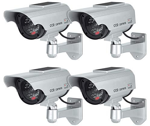 Hengu Fake Dummy Camera Home Security CCTV Solar Powered Surveillance Camera with Flashing LED Light, Outdoor Indoor Use, Bullet Shape Silver - 4 Pack