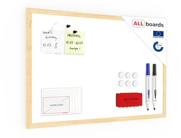 ALLboards Lavagna Bianca Magnetica con Cornice in Legno 60x40cm Scrivibile e Cancellabile a Secco, a Parete
