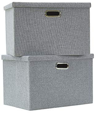 AlphaHome Extra Large Storage Box with Lid, Collapsible Linen Fabric Storage Baskets with Galvanized Metal Handles, Set of 2 (Glaucous Grey, 44x31x29cm)