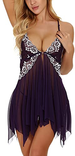 ONGASOFT Women Sexy Lingerie Sets Front Open Closure V Neck Lace Babydoll Sleepwear Dress With G-String, Purple