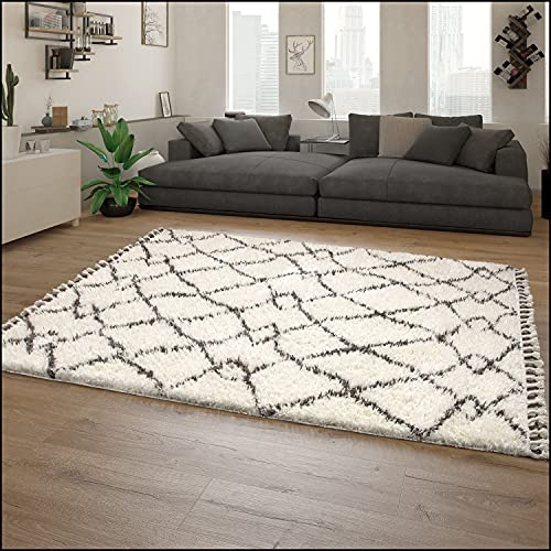 Paco Home Hochflor Teppich Wohnzimmer Shaggy Skandinavisch Fransen Flauschig Modern Langflor, Grösse:120x170 cm, Farbe:Creme