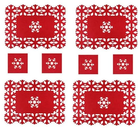 Happium 8 Pieces Red Felt Christmas Snowflake Place Mat and Coaster Set - 4 Place Mats + 4 Coasters, Red Snowflake Felt Table Placemats Heat Resistant Xmas Placemats Dinner Mats