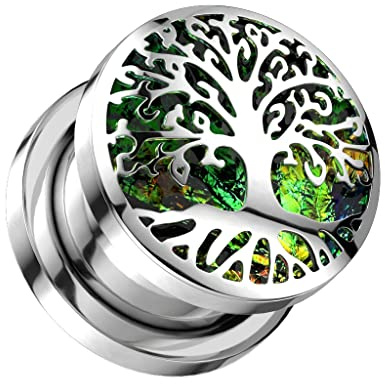 BlackAmazement 316 Edelstahl Ohr Flesh Tunnel Plug Inlay Piercing Baum des Lebens Lebensbaum silber grün Damen Herren (Ø 12mm - 1 Stück)
