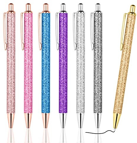 AUAUY Stylos à Bille Brillants, Stylos à Bille Rétractables à Encre Noire de 1,0mm, Stylo Rétractable en Métal Stylos Or Rose, pour École Fournitures de Bureau(7 PCS)