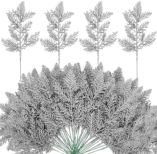 Watayo 45 Pcs Glitter Artificial Pine Needles- 10.6 Fake Foliage Pine Stems Picks- Silver Leaves Artificial Flowers Picks for Christmas DIY Garland Wreath Home Garden Decoration