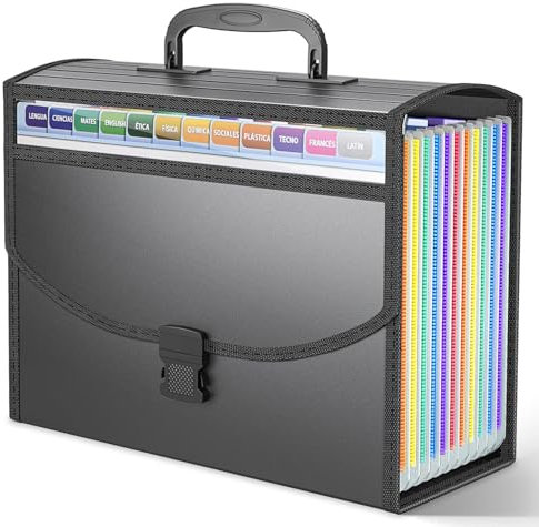 Vanulee File Organiser Filing Box File Folder Document Organiser with Handle,13 Pockets Expanding Filing Folders for A4 Paperwork,Concertina File Accordion File Box,Bill Receipt Paper Organiser,2 Tabs