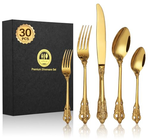 BEWOS 30 Stück Gold Palast Besteck Set, Hochwertig Edelstahl Besteck, Geprägte Design-Griffe, Bankett Essbesteck, Atemberaubend Poliert & als Geschenk Verpackt, Spülmaschinenfest