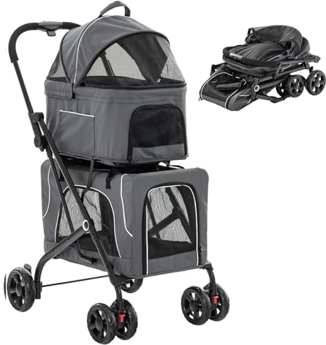 Maxmass 3 in 1 Pet Stroller, Folding Dogs Travel Carrier with Wheels, Safety Belt, Side Pockets, Breathable Mesh & Removable Pad, Pet Travel Cart for Dogs Cats (Grey)