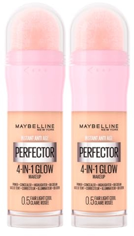 Maybelline New York Instant Age Perfector Glow 4-in-1 Concealer BB Cream Highlighter Primer Farbe 0,5 Fair Light Cool mit Schwamm zum Auftragen – 2 Flaschen à 20 ml
