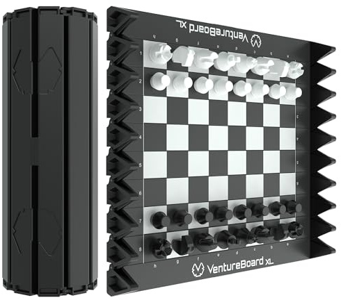 VENTUREBOARD XL Full-Size 10 Inches Magnetic Unique Chess Set Board Game - Folding Board, Travel Chess Board Game Pieces - (Black/Grey)