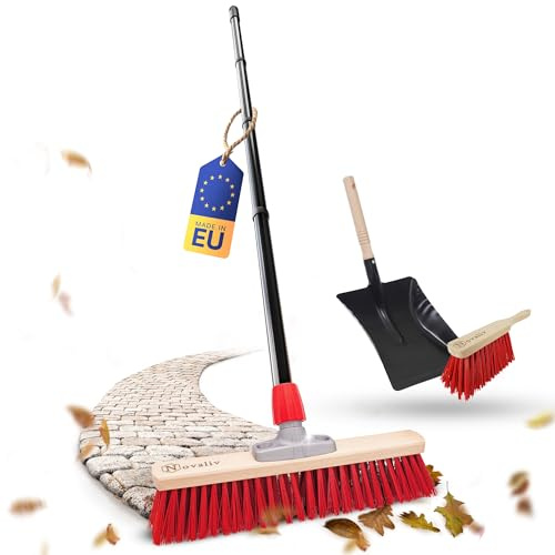 Novaliv Balai de rue avec manche, 40 cm, poils en élaston, avec balai galvanisé avec lèvre en caoutchouc composé d'une pelle et d'une balayette à main, idéal pour jardin, terrasse, cour, écurie