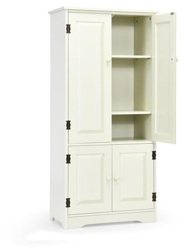 KOMFOTTEU Hochschrank mit Doppeltür & Ablagen, Mehrzweckschrank Stehschrank mit verstellbaren Regalen, Beistellschrank Buffetschrank für Bad Wohnzimmer Flur 58,5x32x123cm (Weiß)