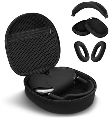 Schutzhülle für Apple Airpods Max Kopfhörer, tragbare Reise-Kopfhörer-Hartschalen-Schutzhülle, Netztasche mit Reißverschluss für Ladegerät und Zubehör (schwarze Hülle und schwarze Silikonhülle)
