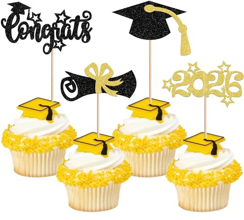 Xsstarmi 36 Pack Star Congrats Grad Cupcake Toppers Glitter Grad Cap You Did it Cupcake Picks for Diploma Done Class of 2026 Graduation Party Cake Decorations Supplies Gold