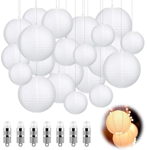 Idota 30 st papperslampor vita med varma vita LED-lampor (Ø 15/20/25/30 cm) | Hängande papperslyktor med 30 varmvita mini LED-ballonglampor, runt papper, lampskärm för dekoration, bröllop, trädgårdsfest