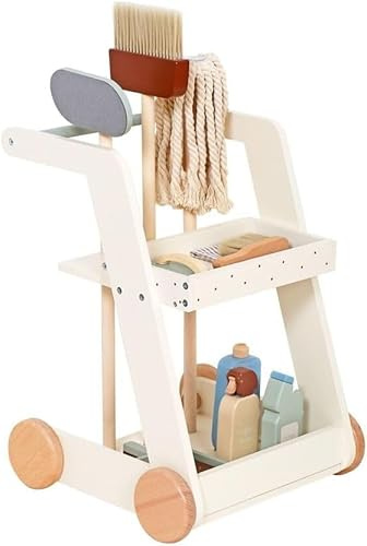 BLUEBRIT Kids Wooden Cleaning Set Toy Cart Role Play Janitor Cleaning Set for Household Pretend Play with Dustpan, Broom, Mop, and Janitor Cart - Educational Toy for Children Ages 3+ (Design 2)