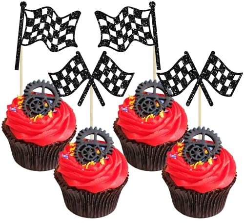Gyufise 24Pcs Checkered Racing Flag Toothpicks Glitter Cupcake Picks Toothpick Flag Dinner Flags Race Car Cake Toppers Decorations Party Supplies