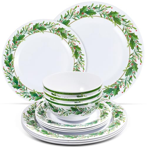 Ziliny 12 Pc Christmas Melamine Dinnerware Set, 4 Dinner Plates, 4 Plates, 4 Soup Bowls, Holly Leaf Christmas Dishes for Home, Party, Festive, Holiday, Dining, Celebrations