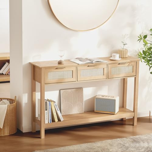 VEVOR Table Console en rotin avec 3 tiroirs de Rangement, Table d'entrée en rotin Naturel avec Porte coulissante, 1305 x 300 x 815 mm, Rangement pour Salon, Bureau, entrée ou Mur TV, Couleur du Bois