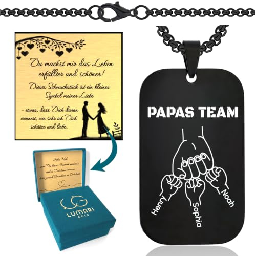 Lumari Gold Personalisierte Dog Tag Herren Erkennungsmarke Halskette mit Gravur Papa Kinderhände Geschenk für Vatertag Geburtstag einzigartiges Souvenir - Kette mit Kindernamen ID Kette mit Namen