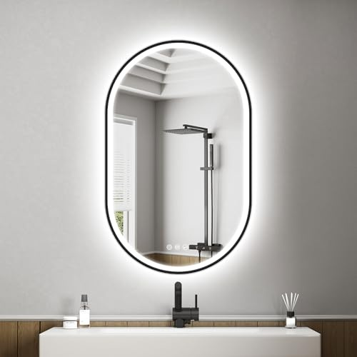 STARLEAD Negro Espejo-Baño-Ovalado-con-Luz y Bluetooth 80x50cm, Espejo-Baño-LED con Antivaho, Regulable, 3 Colores Luz, Memoria, IP44, Vidrio Templado, Horizontal/Vertical, Marco No Metálico