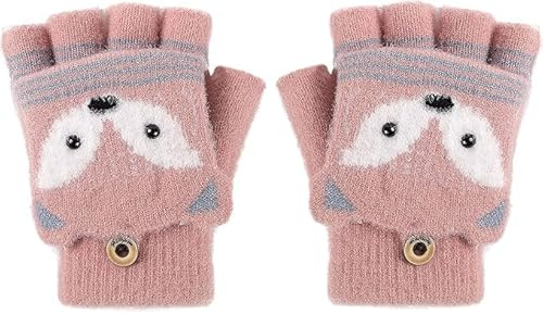 Votvlog Guantes sin dedos para niños, guantes de invierno con solapa, guantes cálidos de medio dedo, guantes plegables de punto para niños y niñas de 5 a 10 años (rosa haba)
