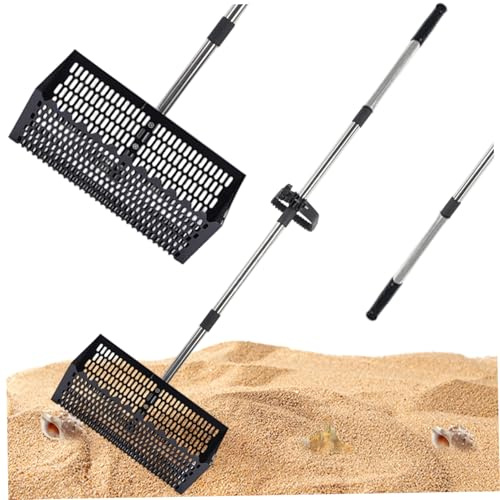 Sandsil för stranden, sandloppskratta, kommersiell kvalitet kratta med kraftigt långt ergonomiskt handtag och hajtänder, för att samla loppor och snäckskal