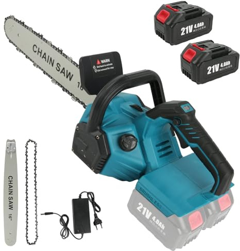 21 V batteridriven motorsåg, 1 800 W borstlös elektrisk motorsåg med 16 tums kedja, motorsåg med 40 cm svärdlängd, med 2 x 4 000 mAh batterier för träkapning